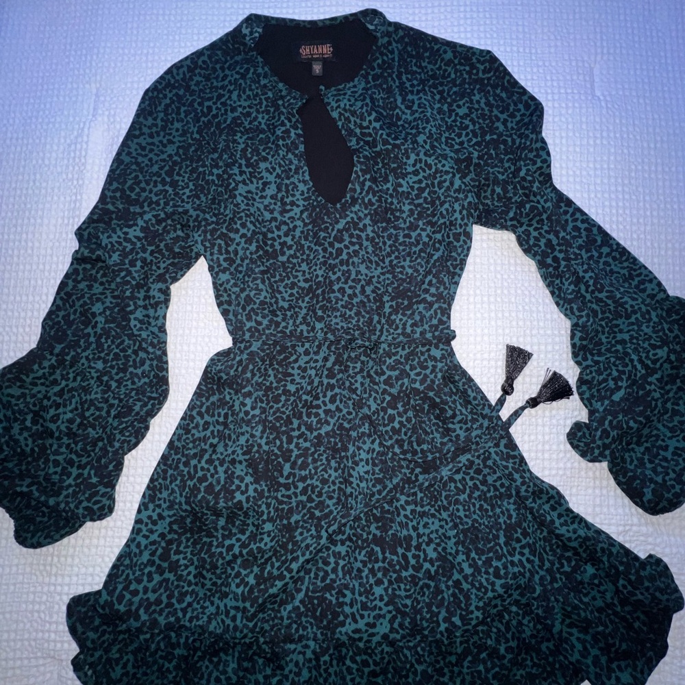 SHYANNE WOMEN'S Turquoise & Navy ANIMAL PRINT A-LINE MINI DRESS, size small